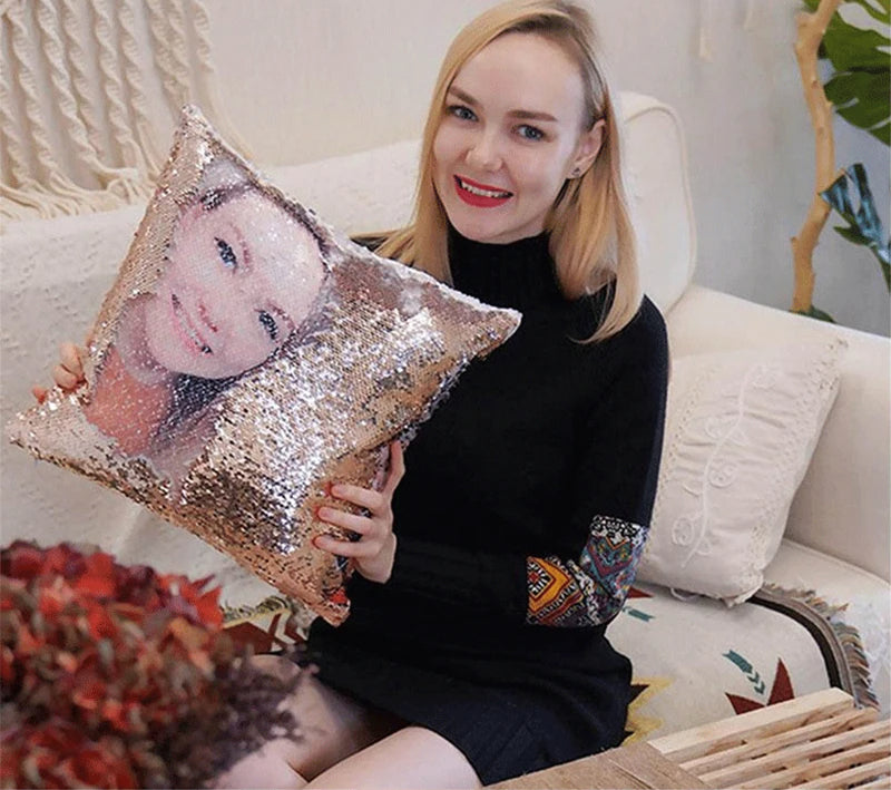 Custom Photo Cushion Cover Diy Personalized Sequin Luminous Pillowcase Room Deco